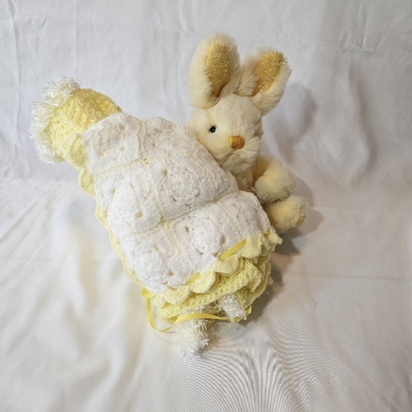 Hand Crafted Cardigan Crochet knit Set Yellow & white mesh lace knitting stitch - Picture 7 of 17